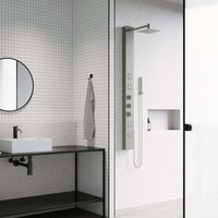 Aluminium shower panel featuring knob handles and scald guard safety