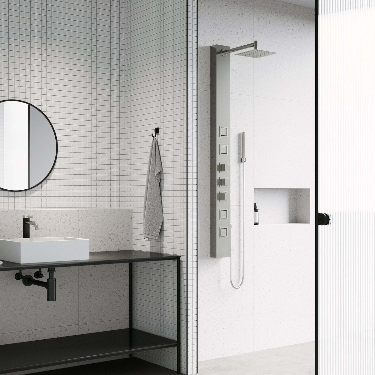 Aluminium shower panel featuring knob handles and scald guard safety