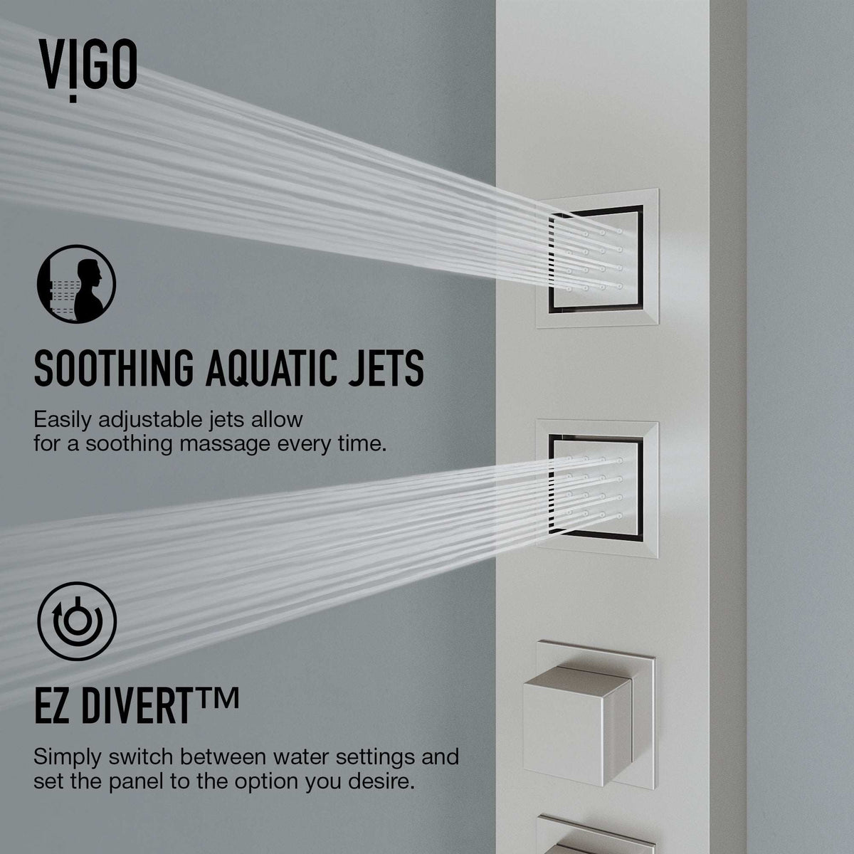 Rectangular shower system with square stainless steel head and stainless steel finish