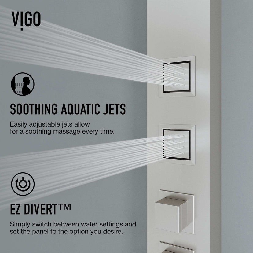 Rectangular shower system with square stainless steel head and stainless steel finish