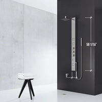 Contemporary shower panel with top handle diverter and kink-free hose