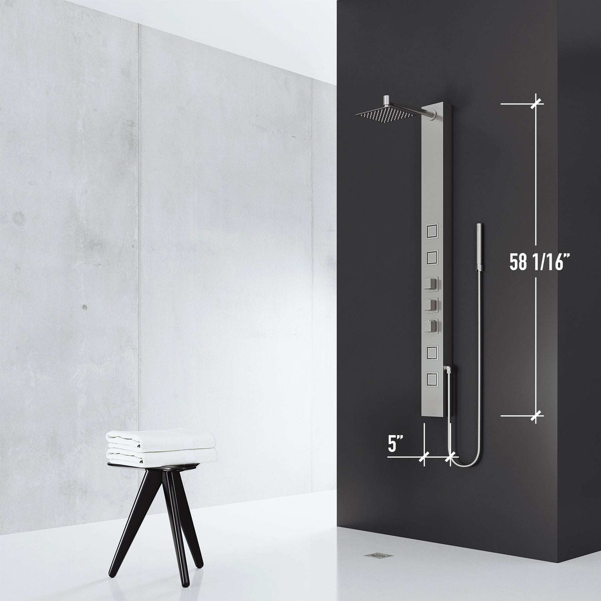 Contemporary shower panel with top handle diverter and kink-free hose