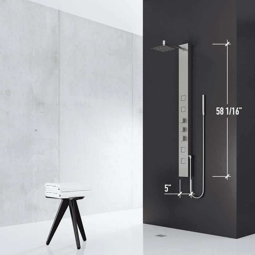 Contemporary shower panel with top handle diverter and kink-free hose