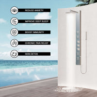 Low flow shower panel with hot/cold indicators and vacuum breaker