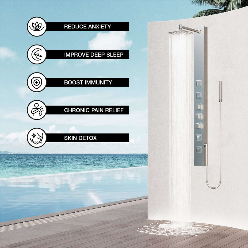 Low flow shower panel with hot/cold indicators and vacuum breaker
