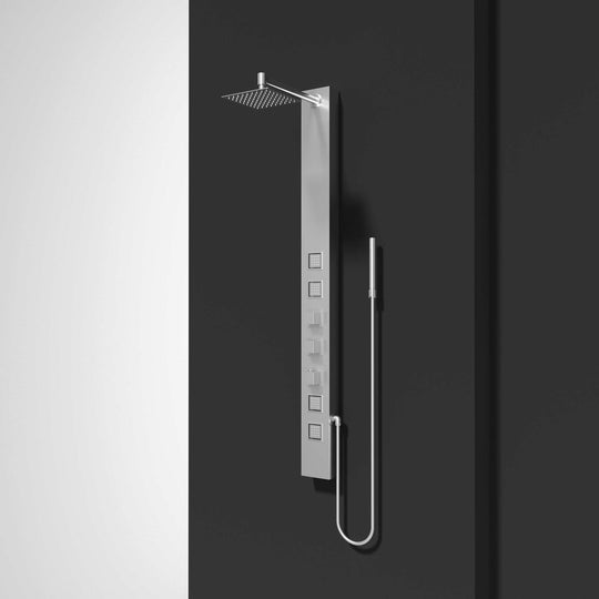 Modern shower system with brass hardware and stainless steel finish