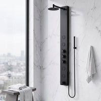 Stainless steel rectangular shower panel with thermostatic valve and body jets