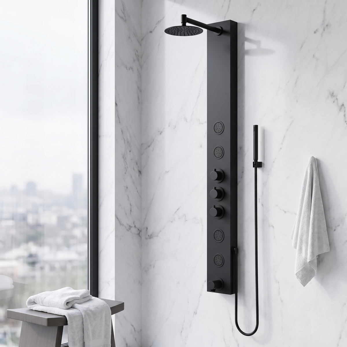Stainless steel rectangular shower panel with thermostatic valve and body jets