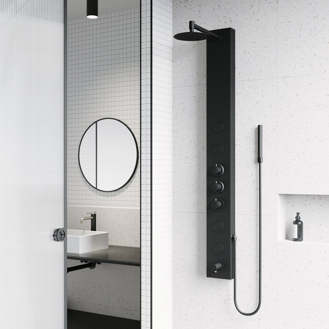 Matte black rectangular shower panel with thermostatic valve and body jets