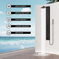 Thermostatic shower panel with low flow design and top handle diverter