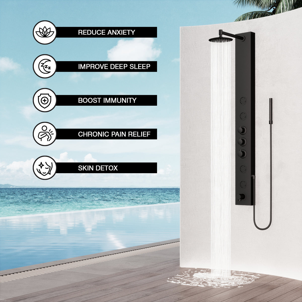 Thermostatic shower panel with low flow design and top handle diverter