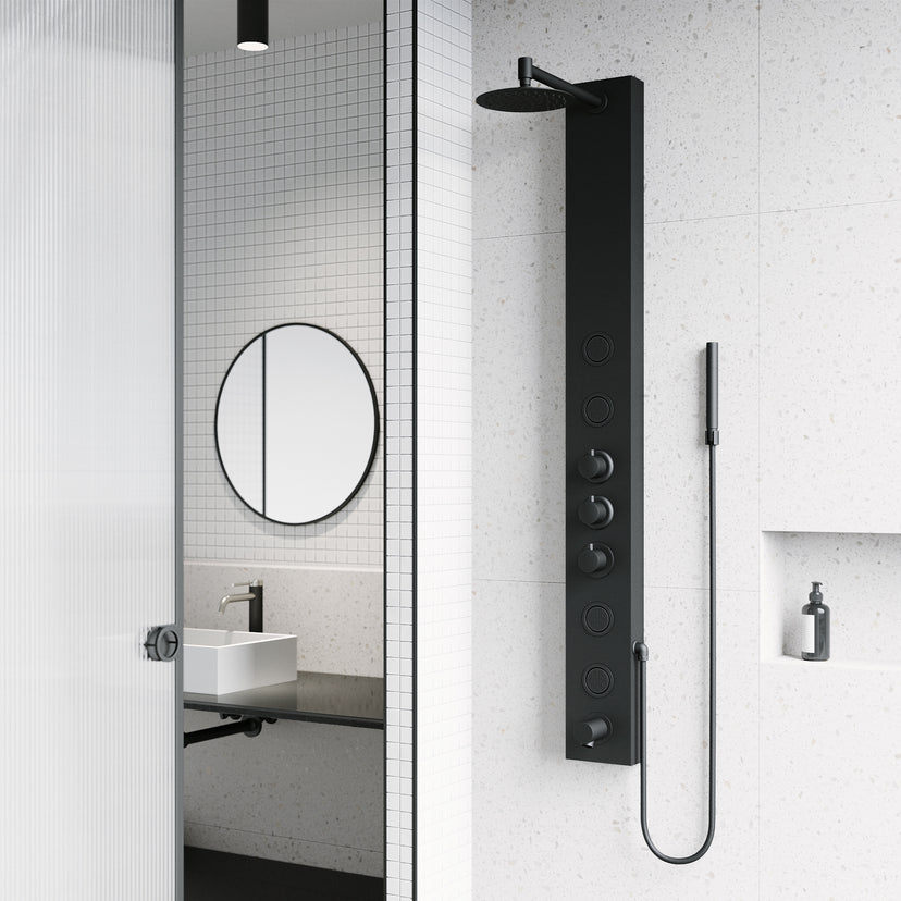 Complete shower panel kit with all mounting hardware and thermostatic control