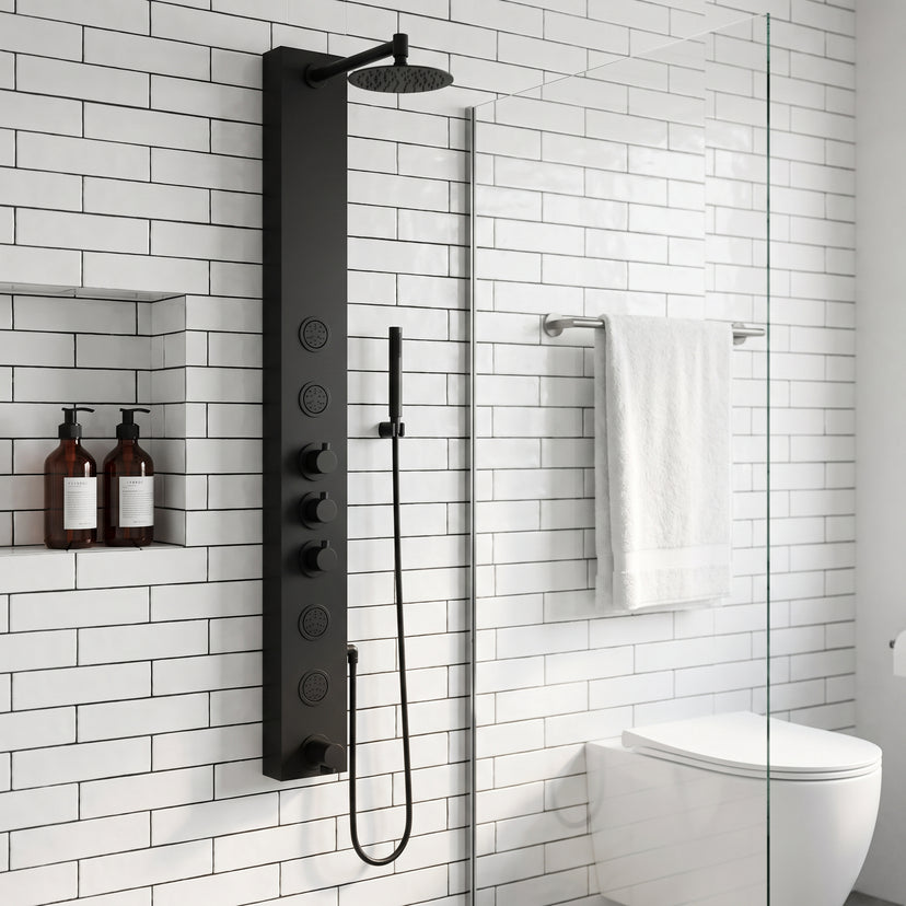Modern wall mount shower system with stainless steel showerhead and brass hardware