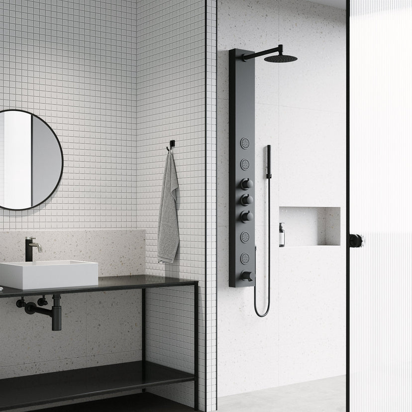 Thermostatic shower system with round stainless steel showerhead and knob handles