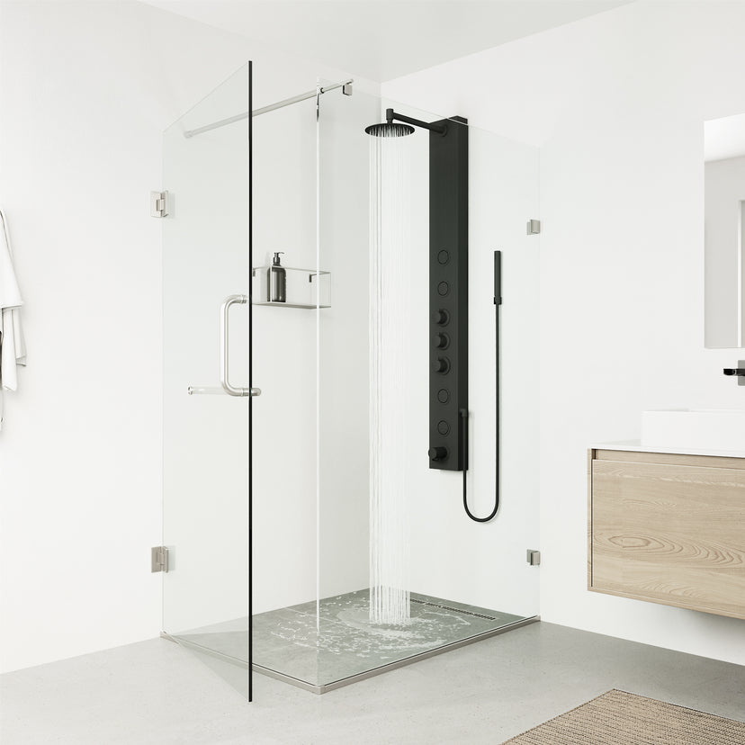 Thermostatic shower system with round stainless steel showerhead and knob handles