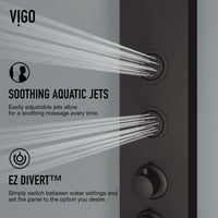 Stainless steel showerhead on matching shower panel with easy install features