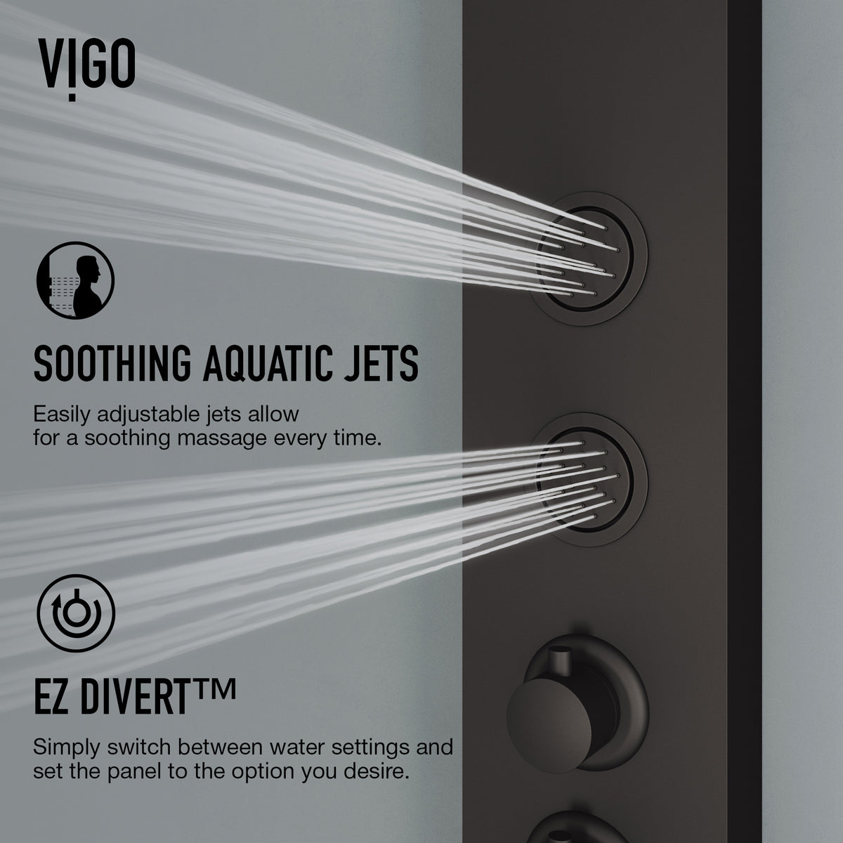 Stainless steel showerhead on matching shower panel with easy install features