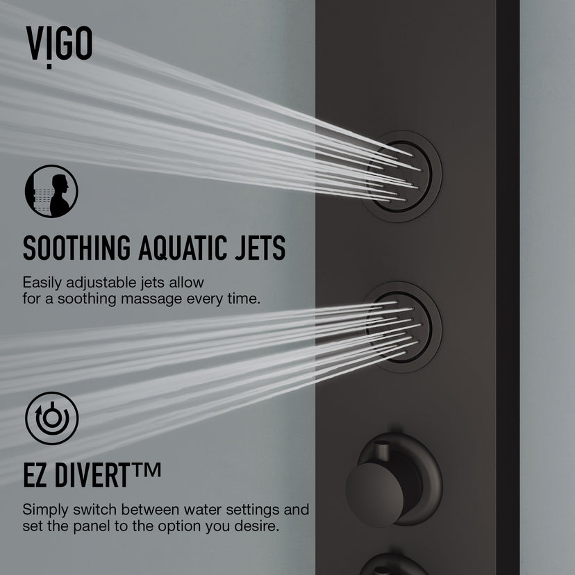 Stainless steel showerhead on matching shower panel with easy install features