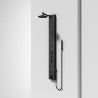 Contemporary shower panel featuring 4-way diverter, flexible hose, and scald guard