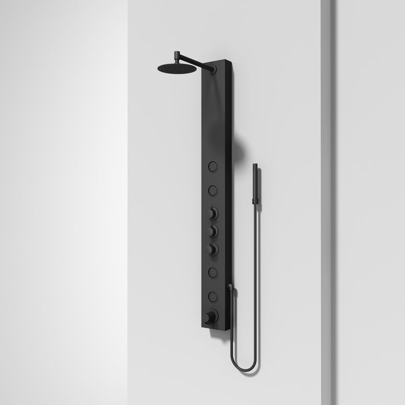 Contemporary shower panel featuring 4-way diverter, flexible hose, and scald guard