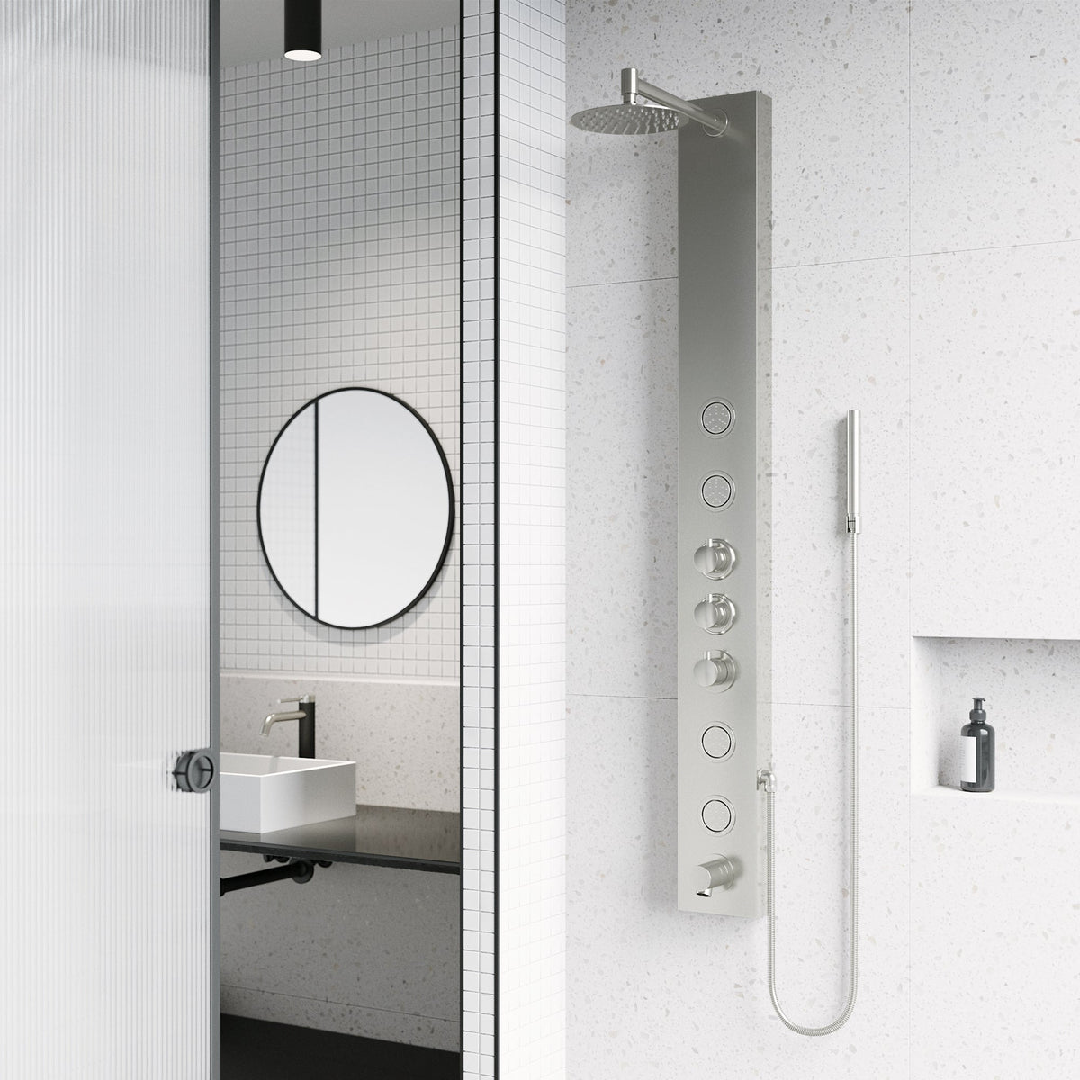 Stainless steel rectangular shower panel with thermostatic valve and body jets