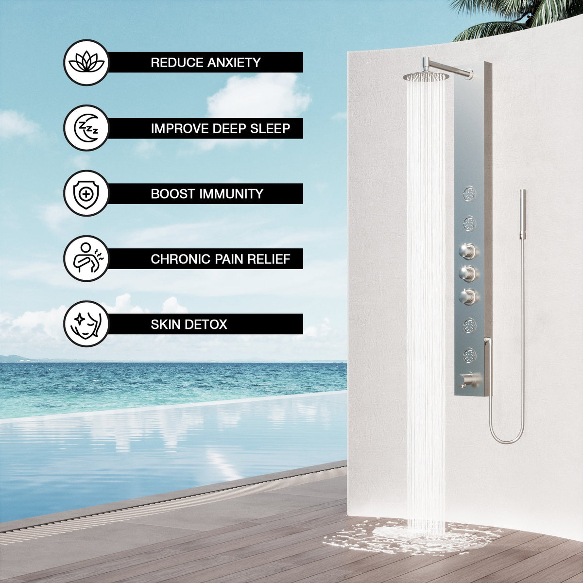 Modern wall mount shower system with stainless steel showerhead and brass hardware