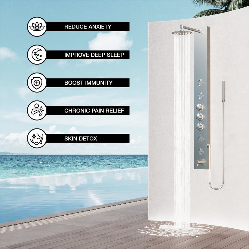 Modern wall mount shower system with stainless steel showerhead and brass hardware