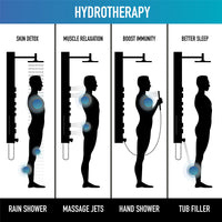 Contemporary shower panel featuring 4-way diverter, flexible hose, and scald guard