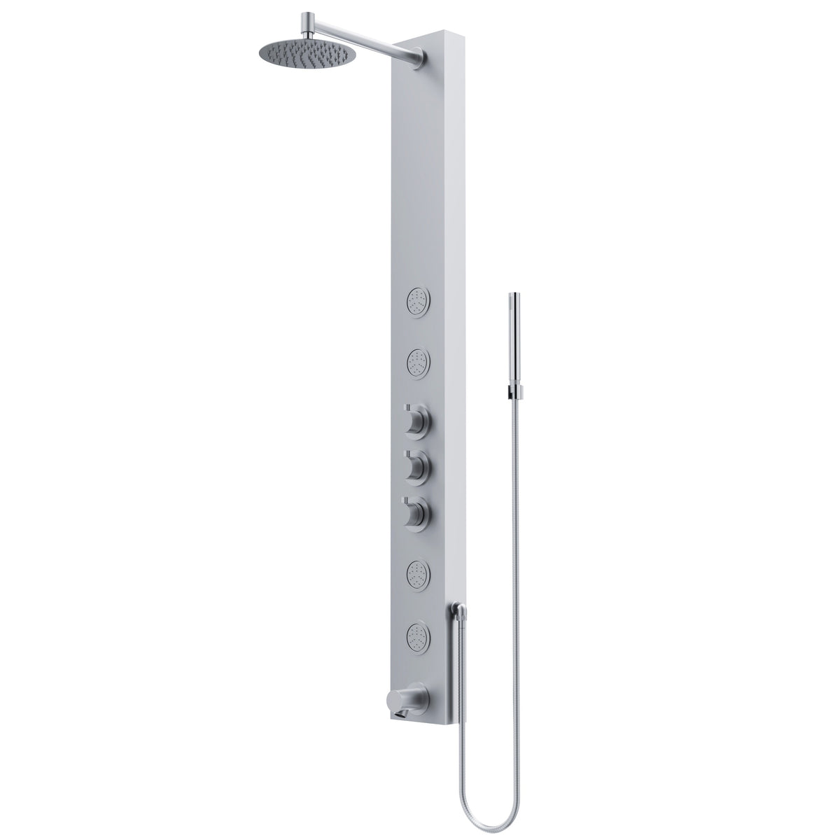 Aluminium shower panel with stainless steel finish and included mounting hardware