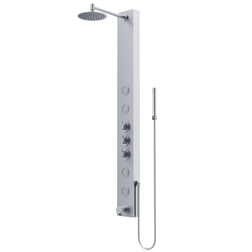 Aluminium shower panel with stainless steel finish and included mounting hardware