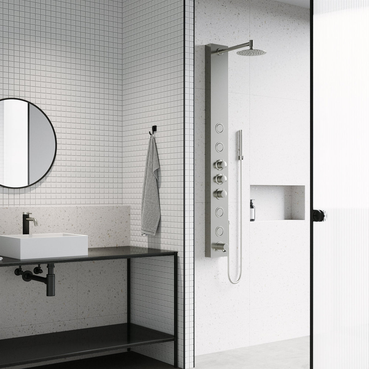 Thermostatic shower system with round stainless steel showerhead and knob handles