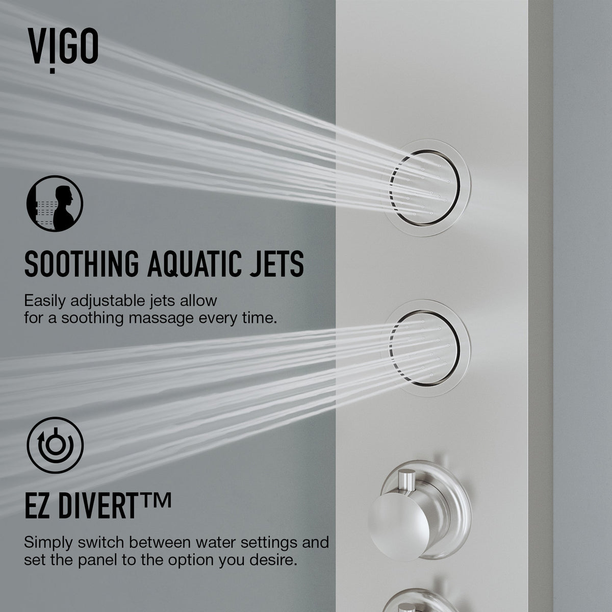 Rectangular shower panel with thermostatic cartridge and hot/cold indicators