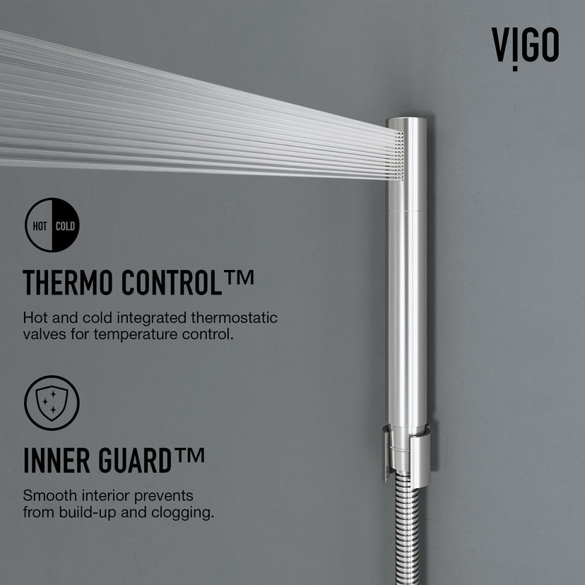 Stainless steel showerhead on matching shower panel with easy install features