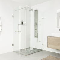 Thermostatic shower panel with low flow design and top handle diverter
