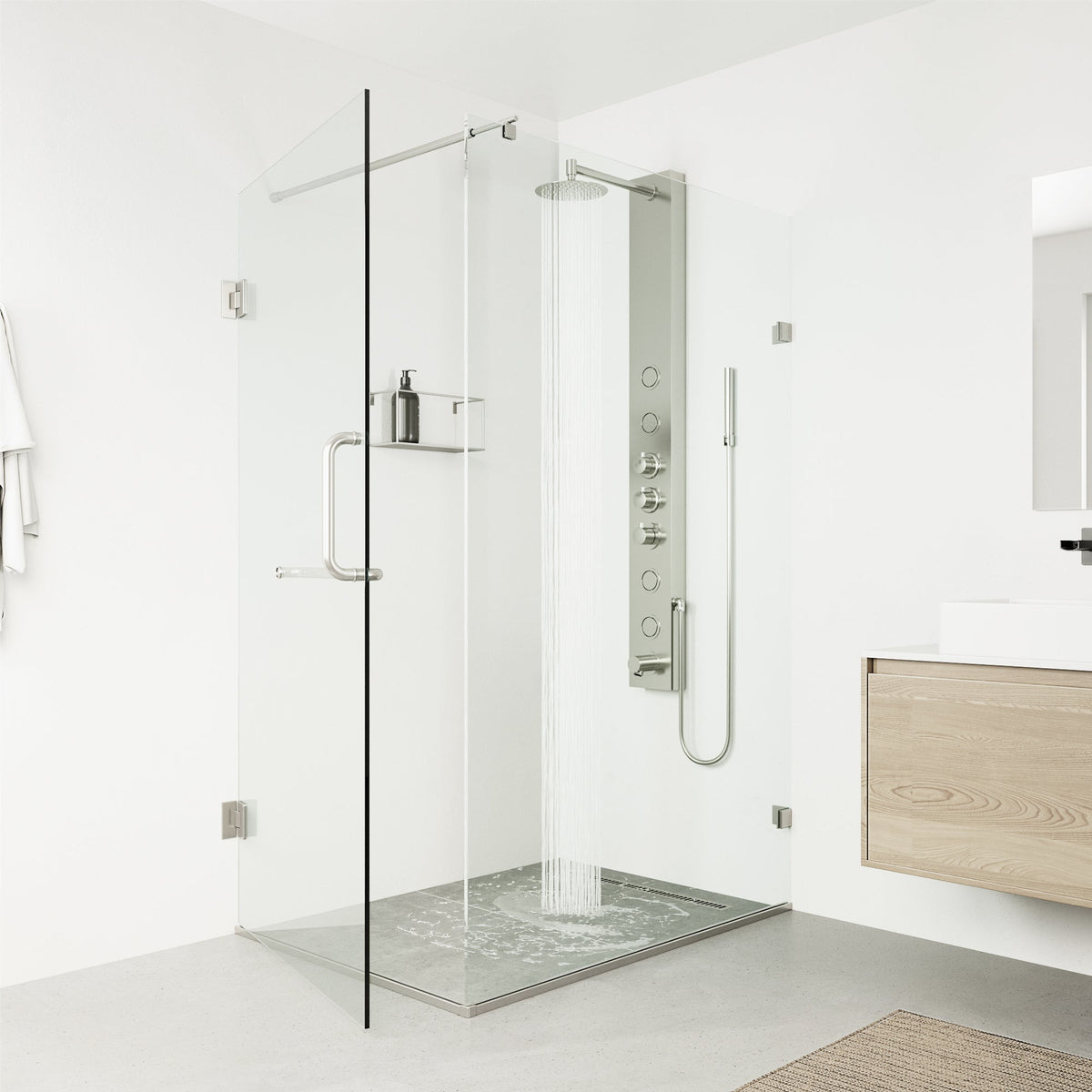 Thermostatic shower panel with low flow design and top handle diverter