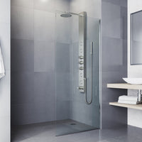 Wall-mounted shower unit featuring body jets, tub filler, and stainless steel finish