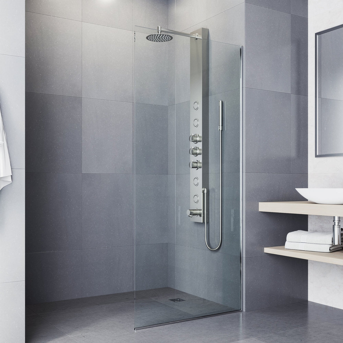 Wall-mounted shower unit featuring body jets, tub filler, and stainless steel finish
