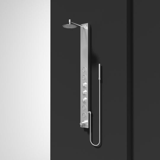 Complete shower panel kit with all mounting hardware and thermostatic control