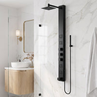 Stainless steel rectangular shower panel with thermostatic valve and body jets