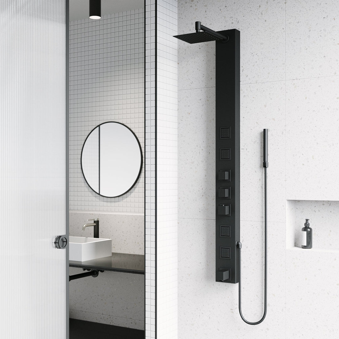 Matte black rectangular shower panel with thermostatic valve and body jets