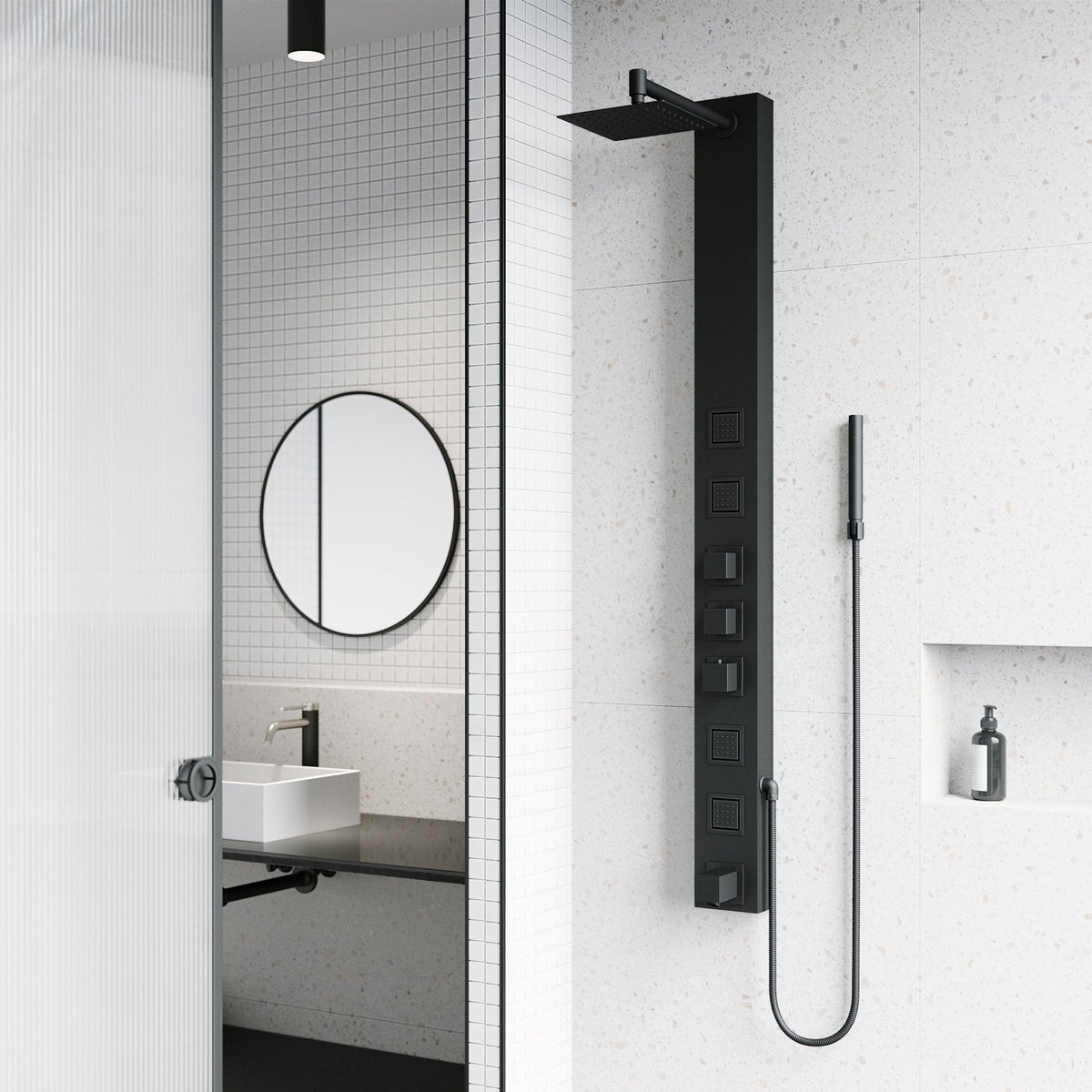 Matte black rectangular shower panel with thermostatic valve and body jets