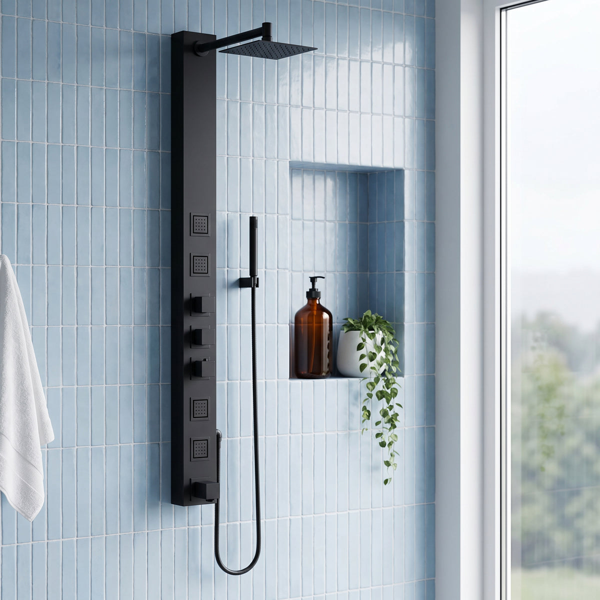 Modern wall mount shower system with stainless steel showerhead and brass hardware