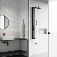 Aluminum shower panel with square stainless steel showerhead and knob handles