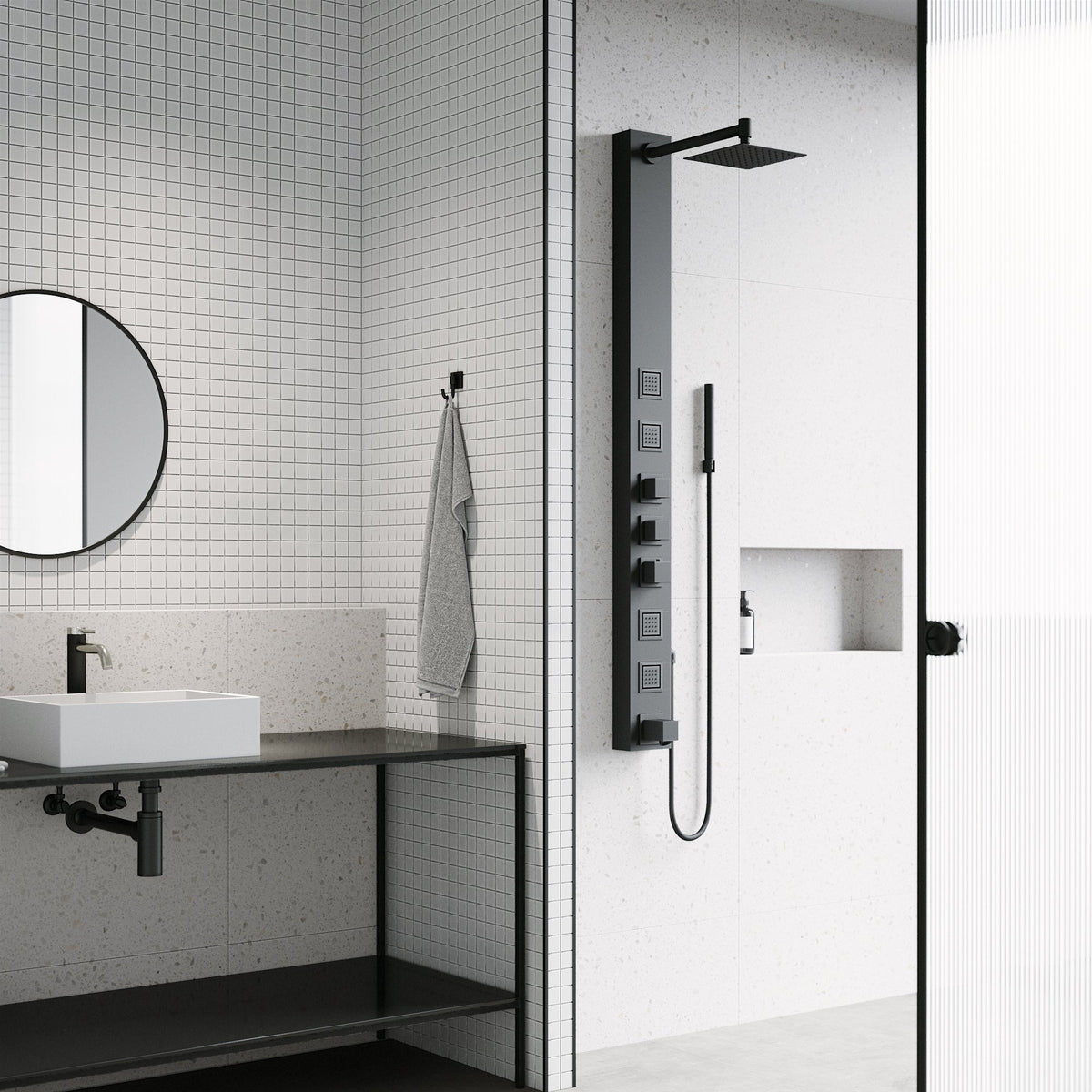 Aluminum shower panel with square stainless steel showerhead and knob handles