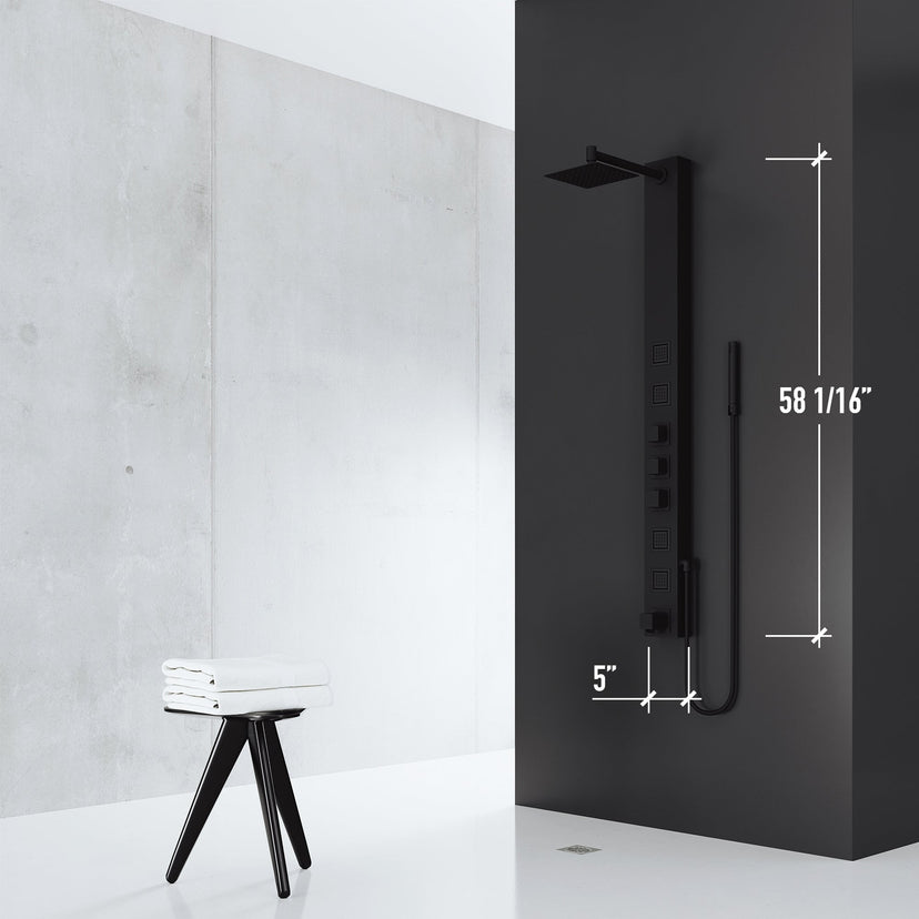 Shower panel with included supply lines, vacuum breaker, and pressure balance protection