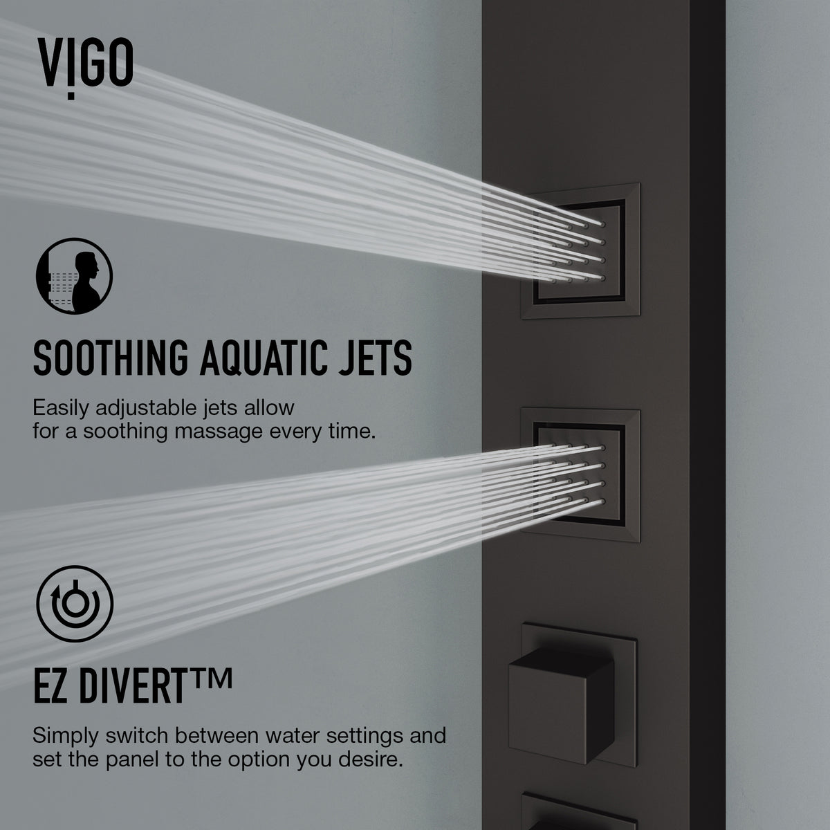 Rectangular shower panel with thermostatic cartridge and kink-free hose included