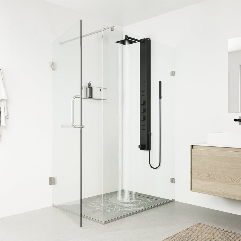 Modern contemporary shower system with low flow design and 58-inch assembled height