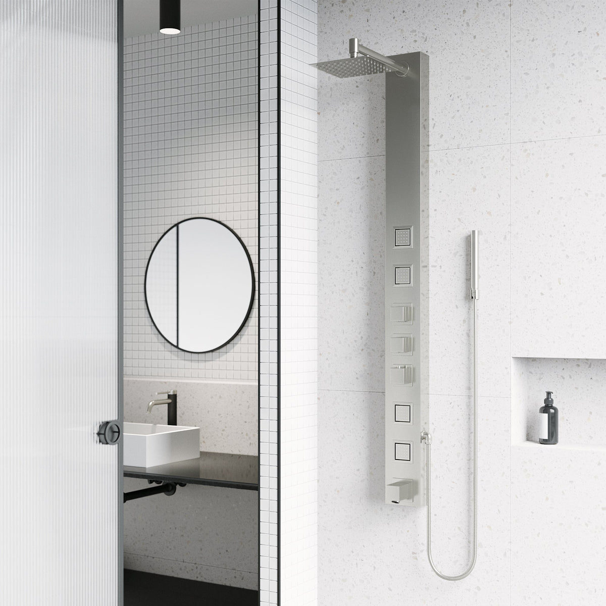 Stainless steel rectangular shower panel with thermostatic valve and body jets