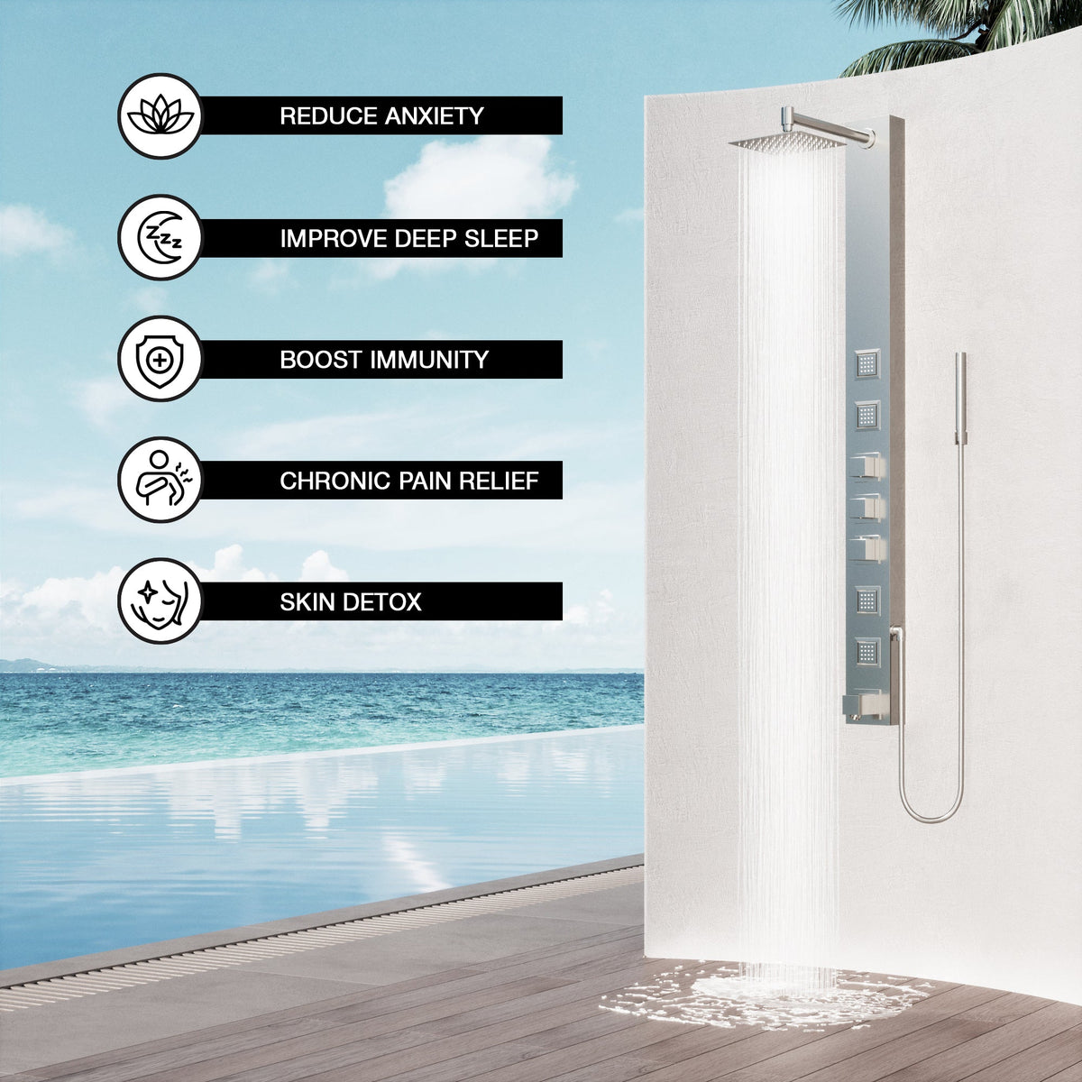 Modern wall mount shower system with stainless steel showerhead and brass hardware