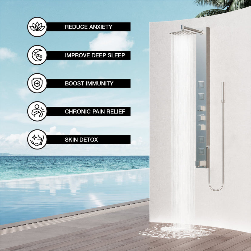 Modern wall mount shower system with stainless steel showerhead and brass hardware